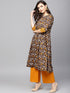 Brown & Mustard Geometrical Printed A-Line Kurta (Fully Stitched) - Znxclothing