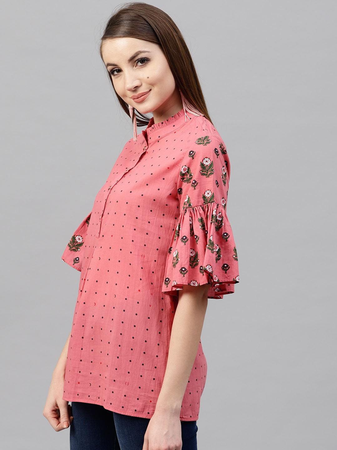 Pink Floral Printed Tunic With Ruffle Sleeve - Znxclothing