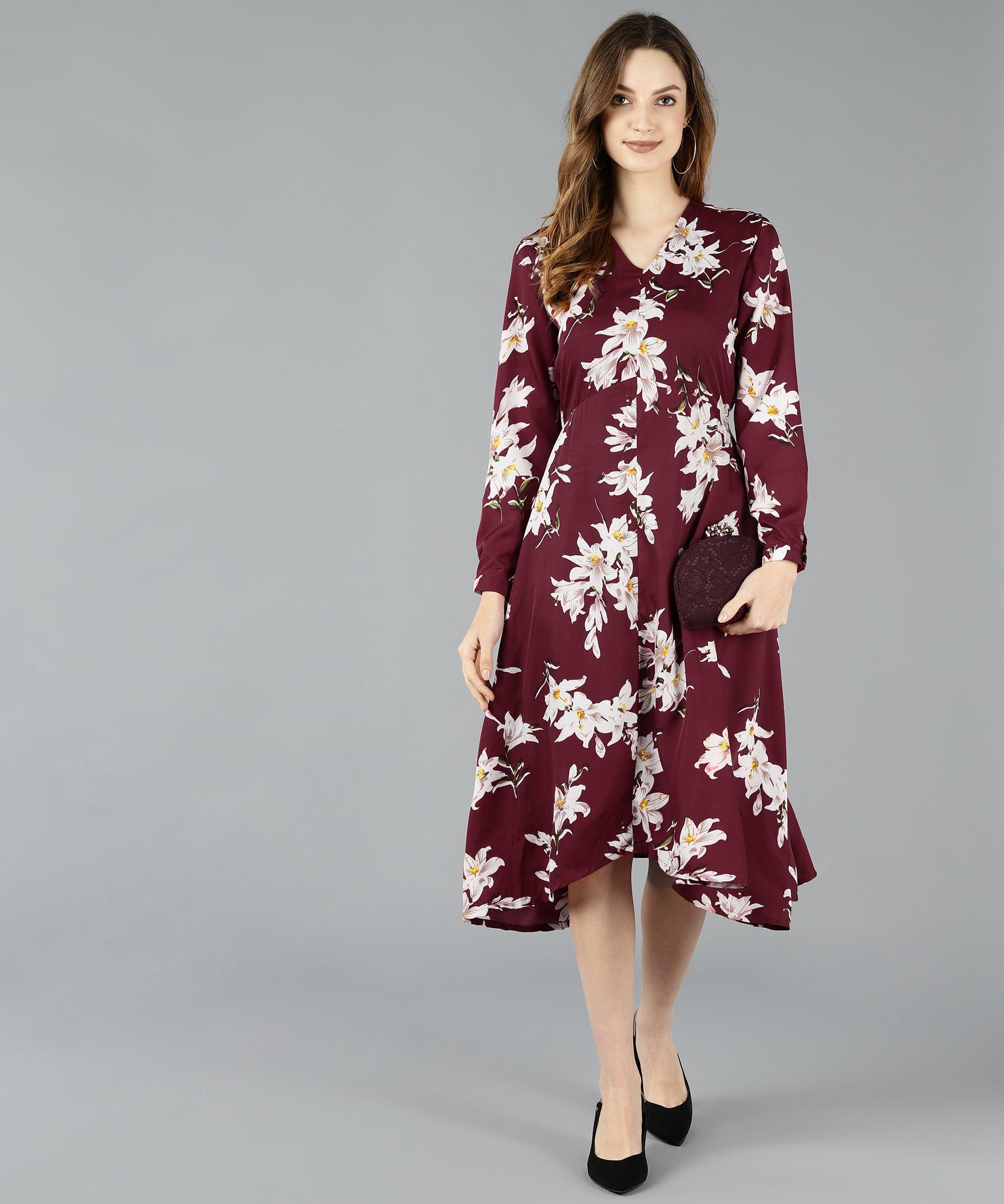 Znx Women Floral Printed Maroon Dress - Znxclothing