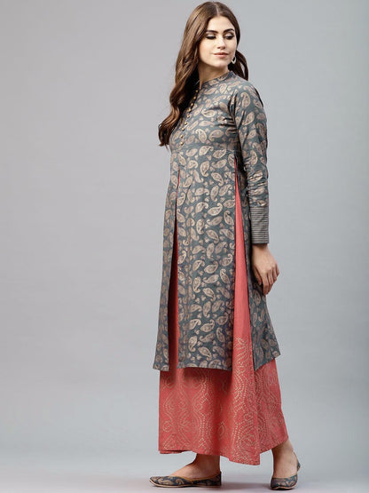 Grey &amp; Peach Gold Printed Double Layered Maxi (Fully Stitched ) - Znxclothing