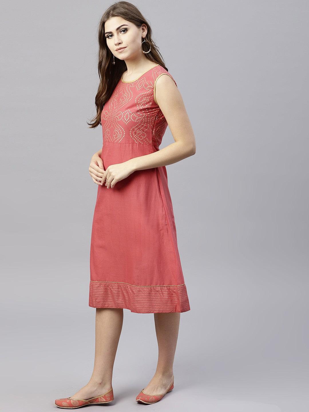 Peach Gold Printed Sleevless A-Line Dress (Fully Stitched) - Znxclothing