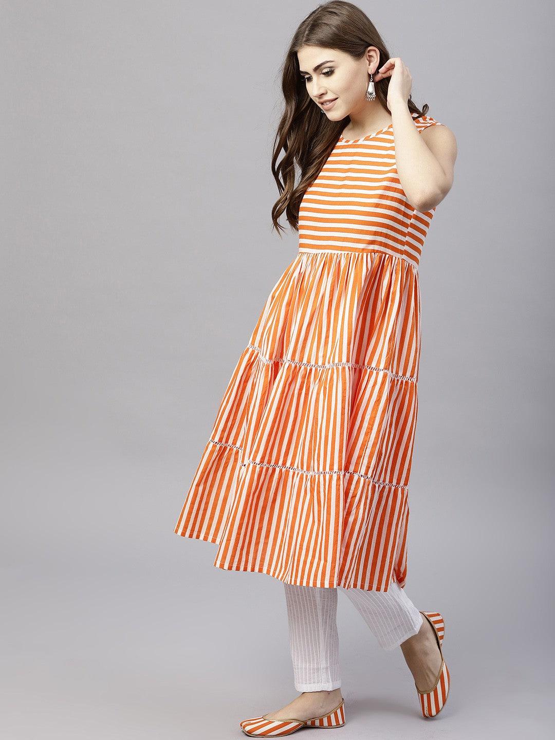 Orange Striped Printed Sleeveless Tiered Anarkali (Fully Stitched) - Znxclothing