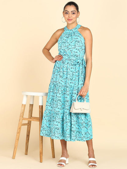 Floral Printed Tiered Sea Blue Dress - Znxclothing