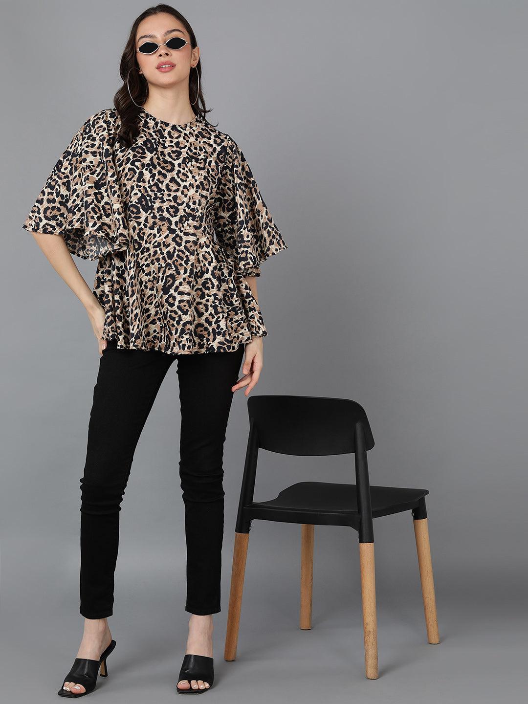 Beige Animal Printed Top With Flared Sleeve - Znxclothing