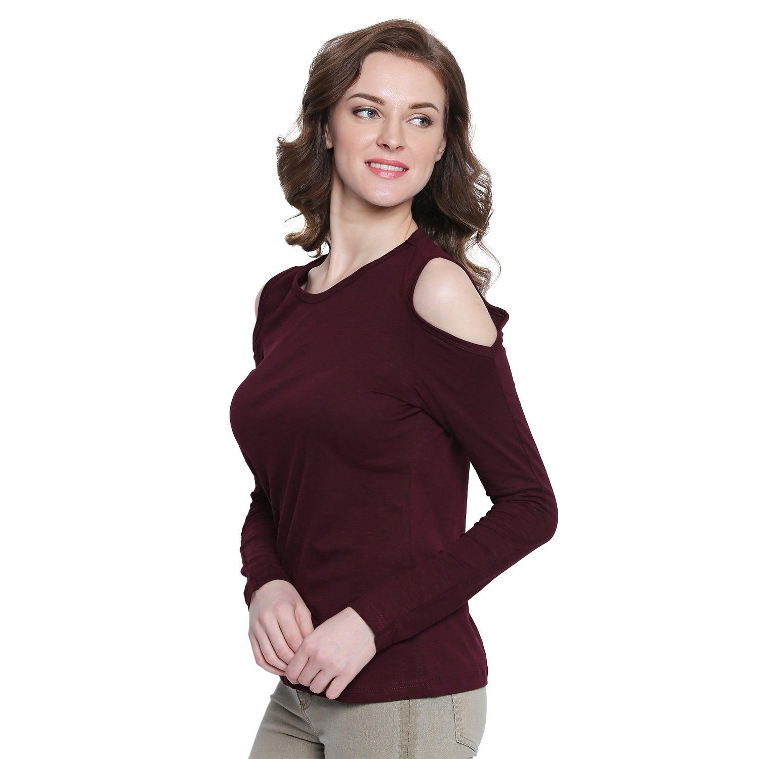Women Solid Wine Red Cold Shoulder T-Shirt - Znxclothing