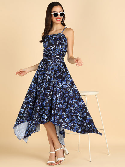 Floral Printed High Low Blue Dress
