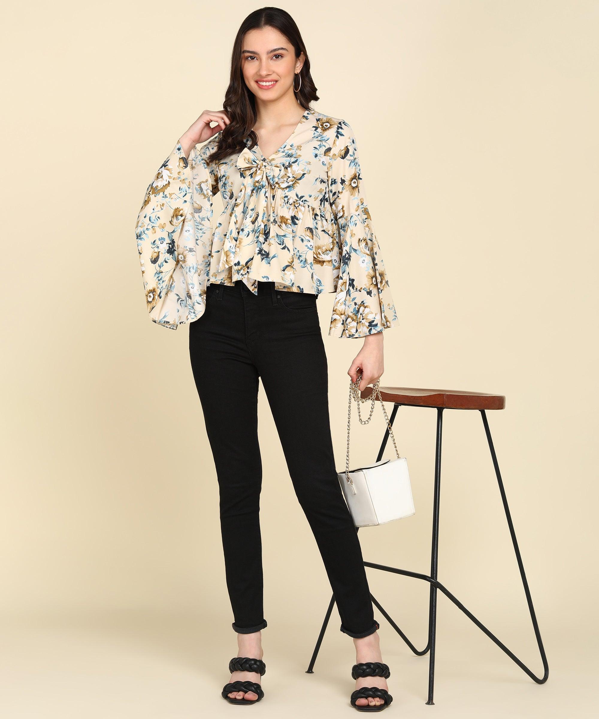 Front Tie-Up Designe Floral Printed Cream Top - Znxclothing