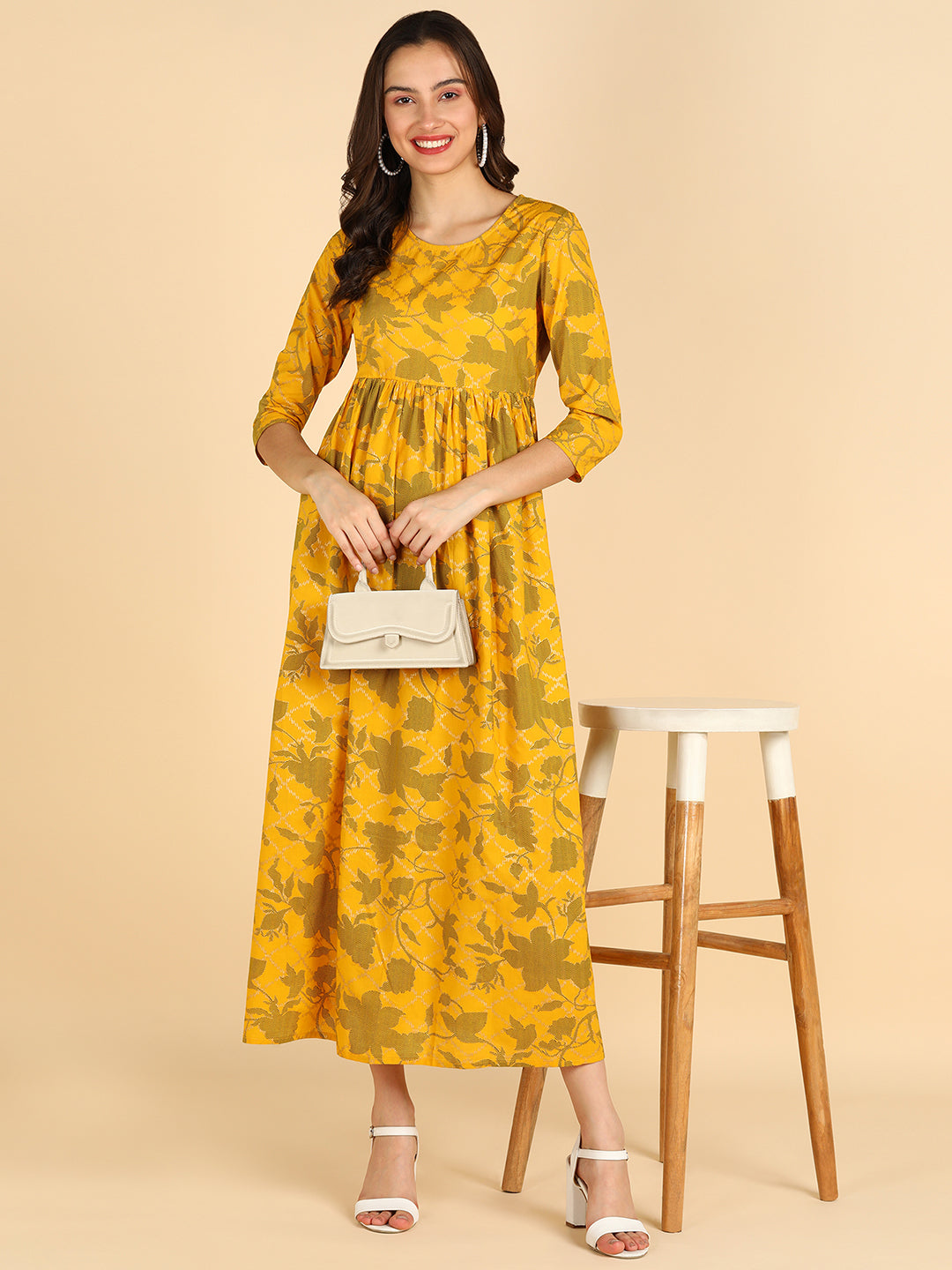 Gold &amp; Green Floral Printed  Yellow Dress