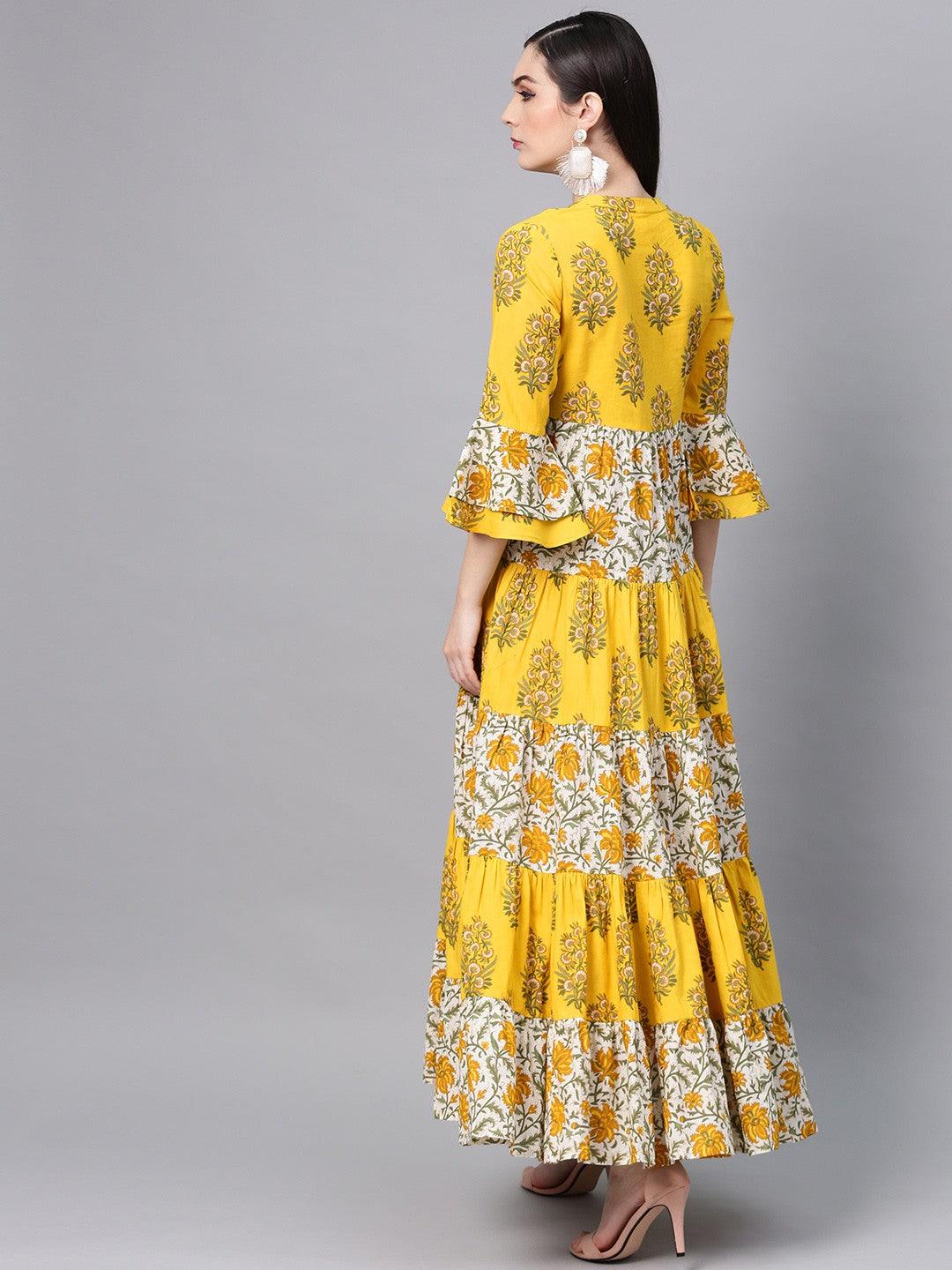Yellow &amp; White Floral Printed Tiered Maxi (Fully Stitched) - Znxclothing