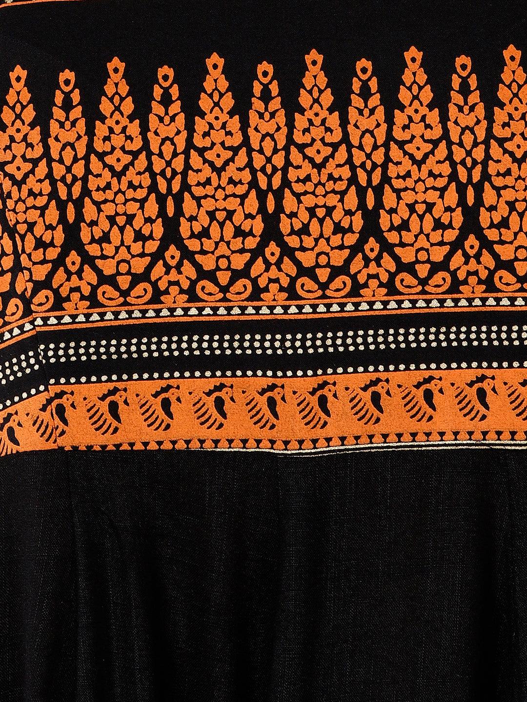 Znx Women Orange Printed Ankle length Black Dress - Znxclothing