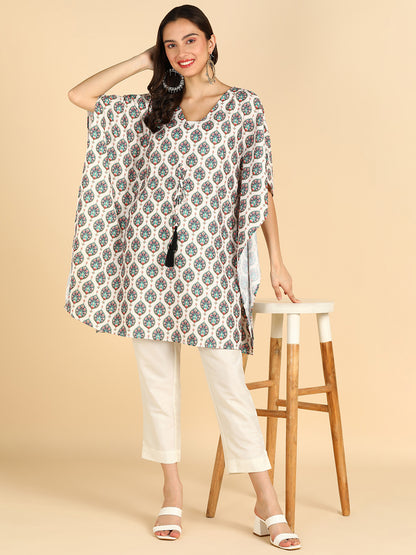 Floral Printed Off White Kafthan Kurta With Tassel Details