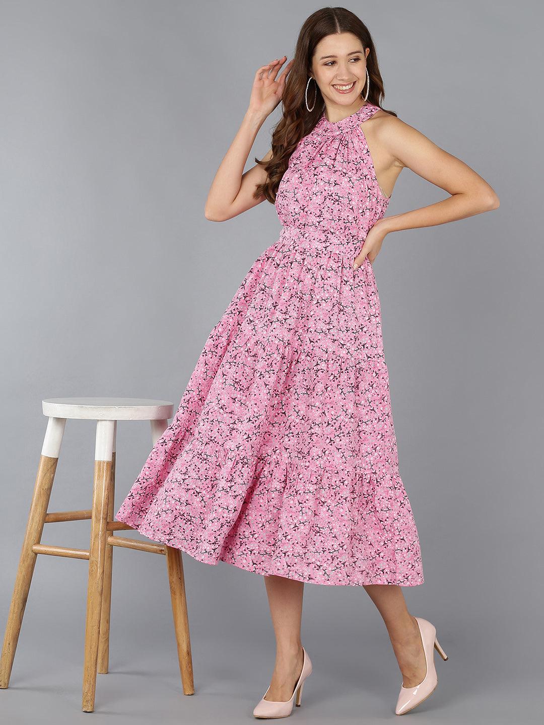 Floral Printed Pink Tiered Dress - Znxclothing