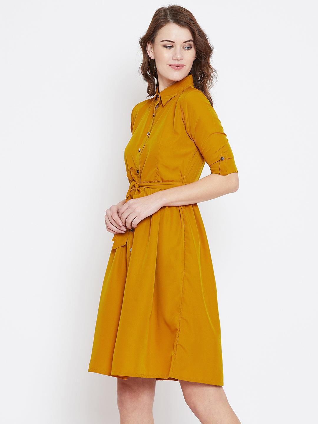 Mustard Yellow Solid Shirt Dress - Znxclothing