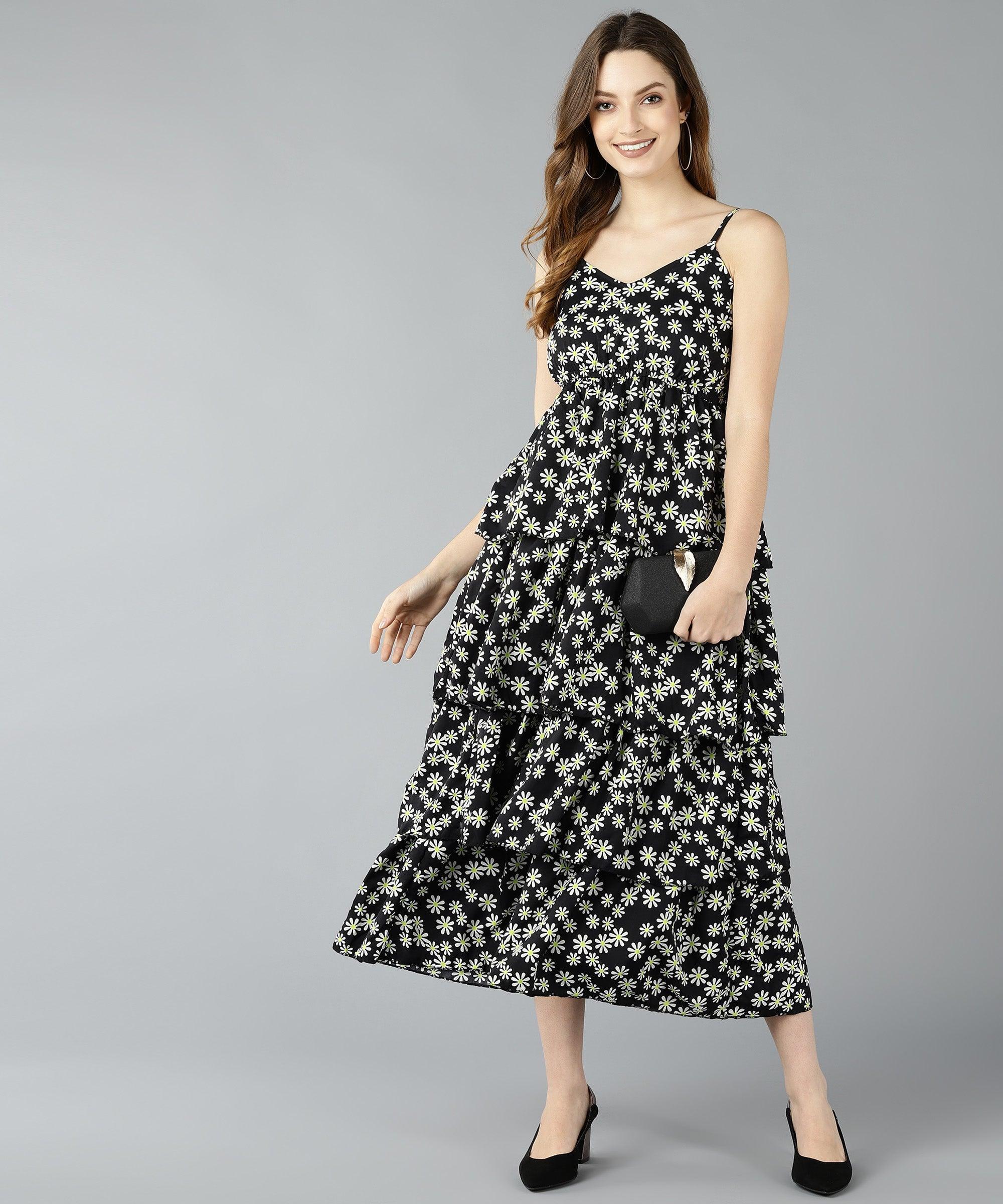 Znx Women White Floral Printed Black Tiered Dress - Znxclothing