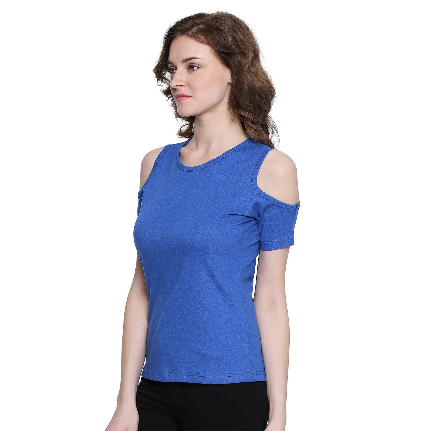 Women Solid Blue Round Neck Cold Shoulder T-shirt - Znxclothing