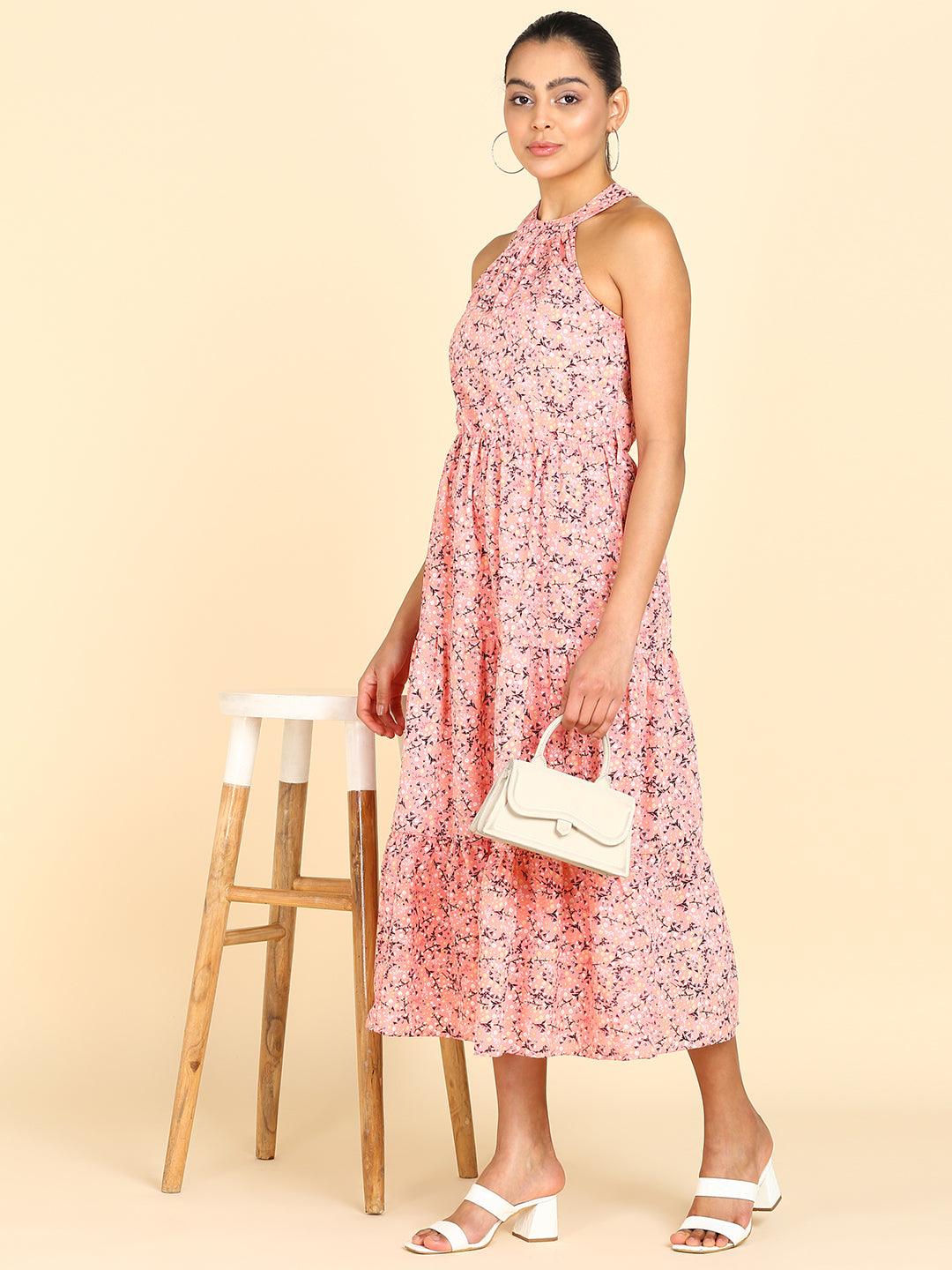 Floral Printed Tiered Peach Dress - Znxclothing