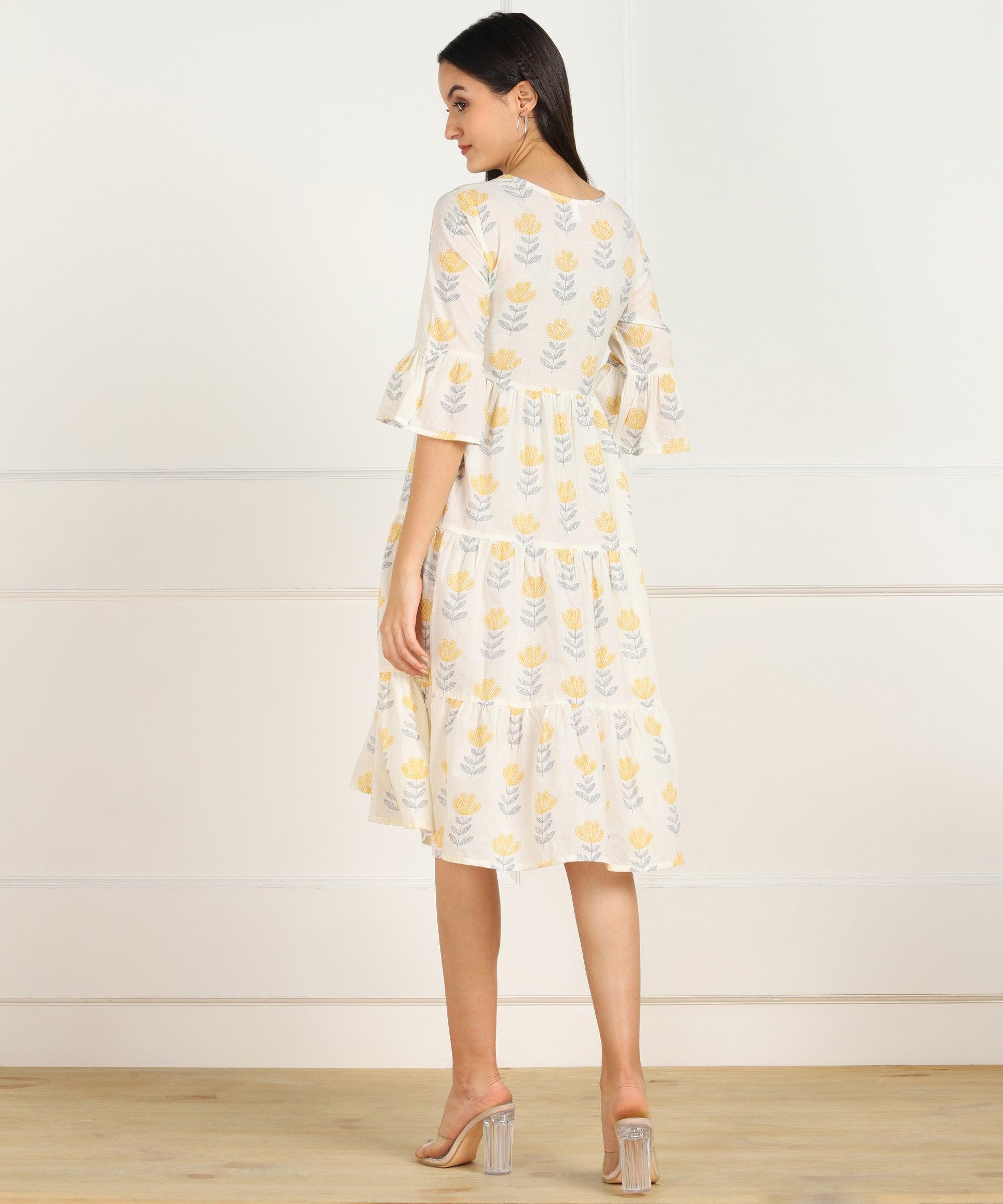 Znx White Yellow Floral Printed Flared Dress - Znxclothing
