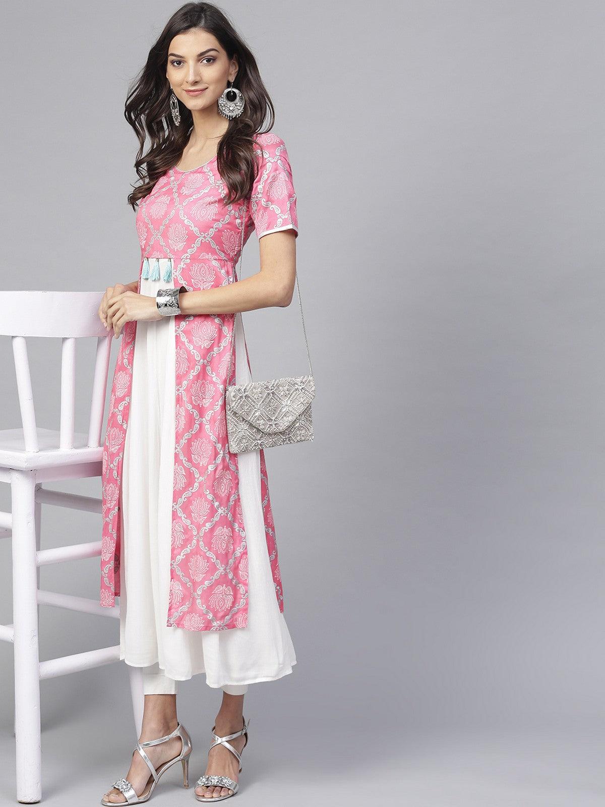 Lotus Inspired Front Open Printed Kurta With Tassels (Fully Stitched) - Znxclothing