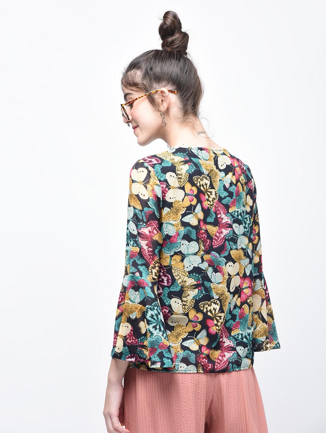 Multi Colour Floral Bell Sleeves Top - Znxclothing