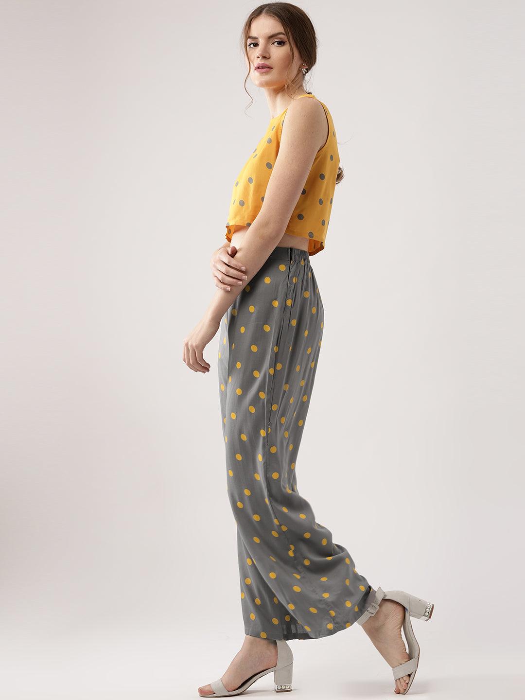 Women Yellow &amp; Grey Printed Crop Top with Palazzos - Znxclothing