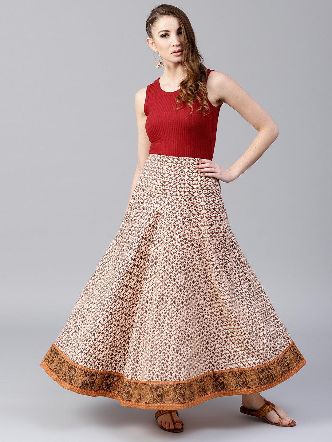 Beige &amp; Brown Printed Flared Skirt - Znxclothing