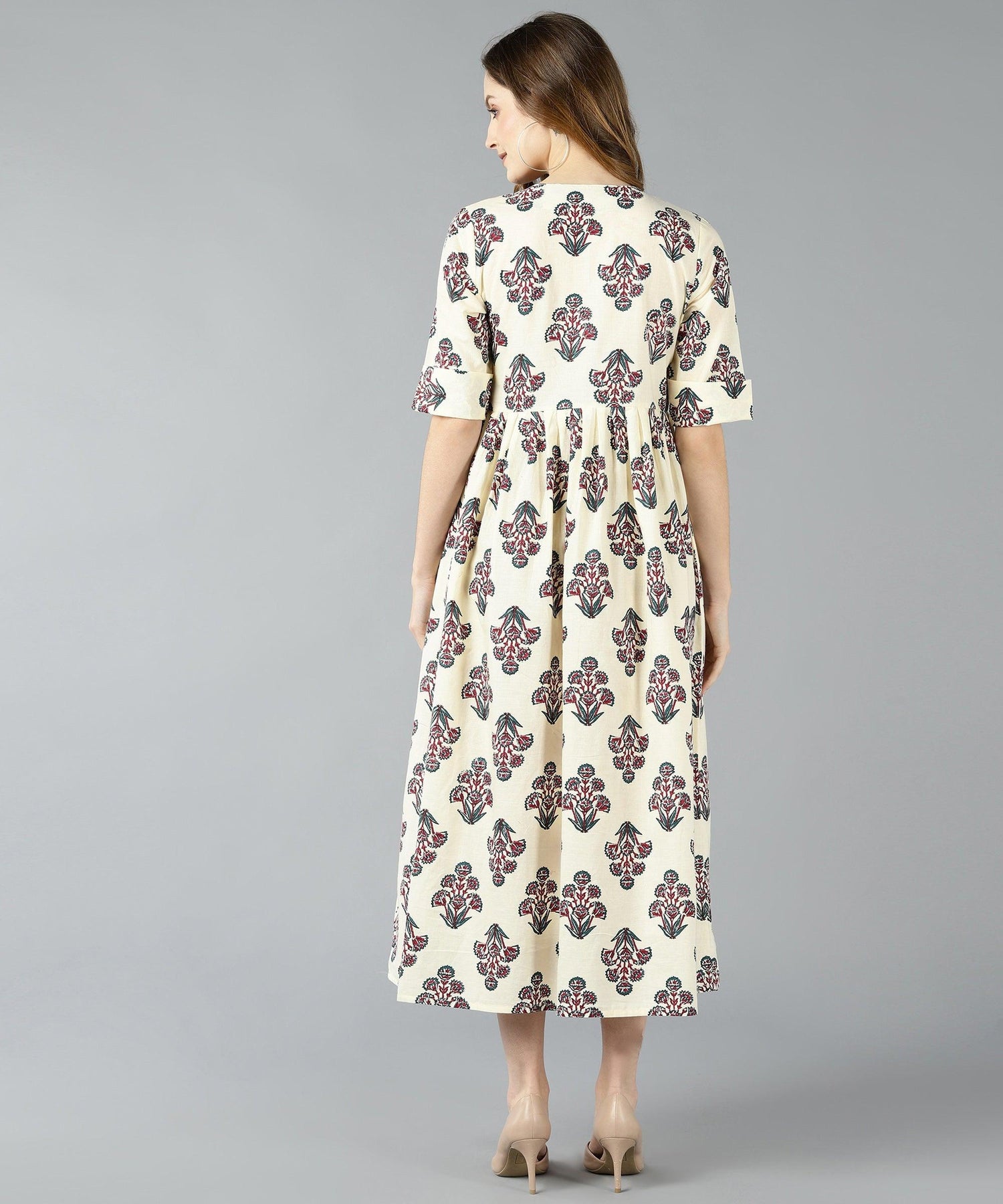 Znx Floral Printed Off White Flared Dress - Znxclothing