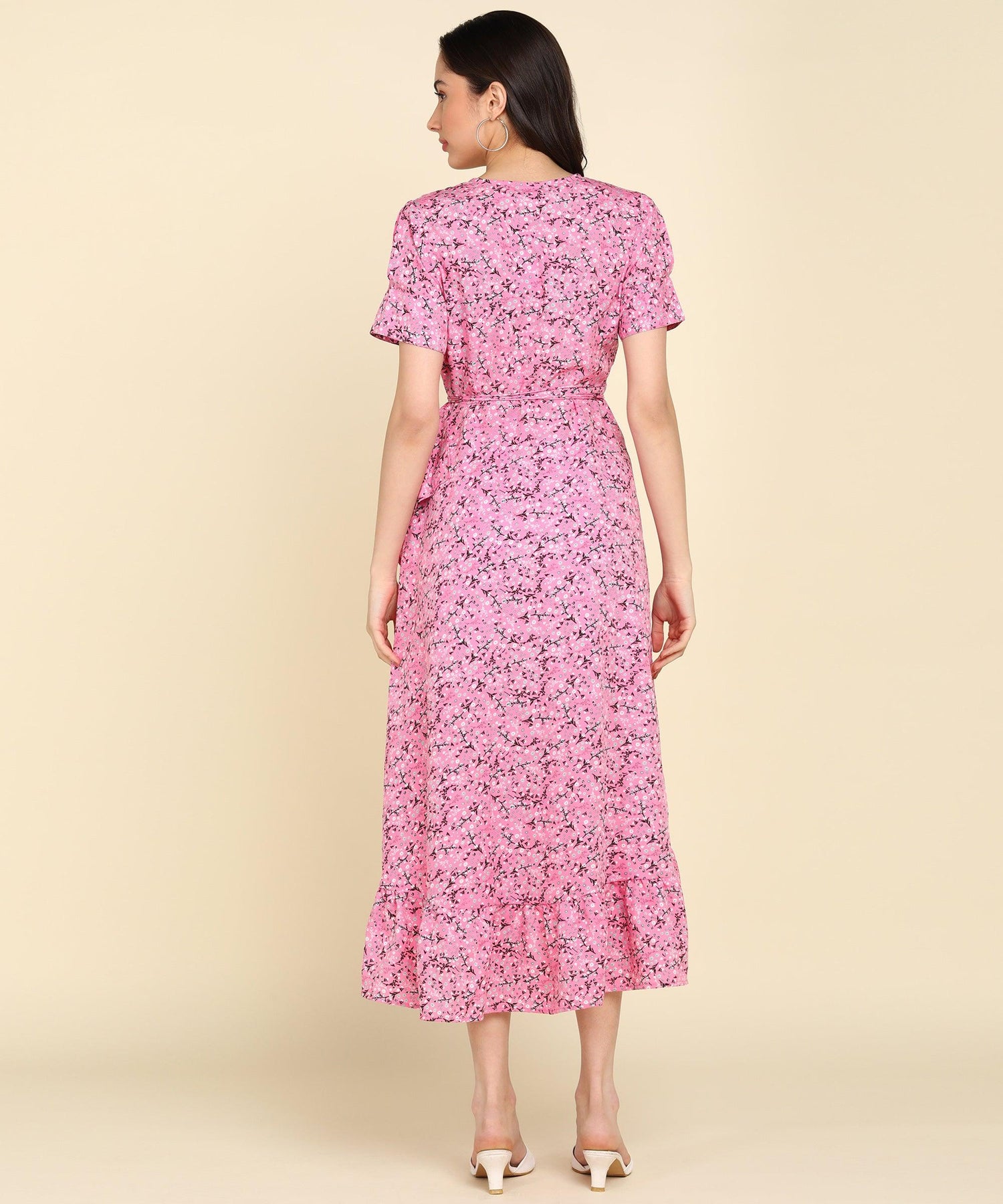 Pink Floral Printed Frill Dress - Znxclothing