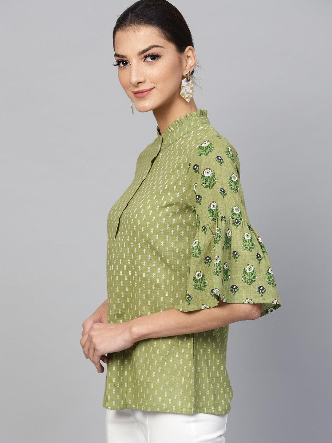 Green &amp; White Printed Tunic With Flared Sleeve - Znxclothing
