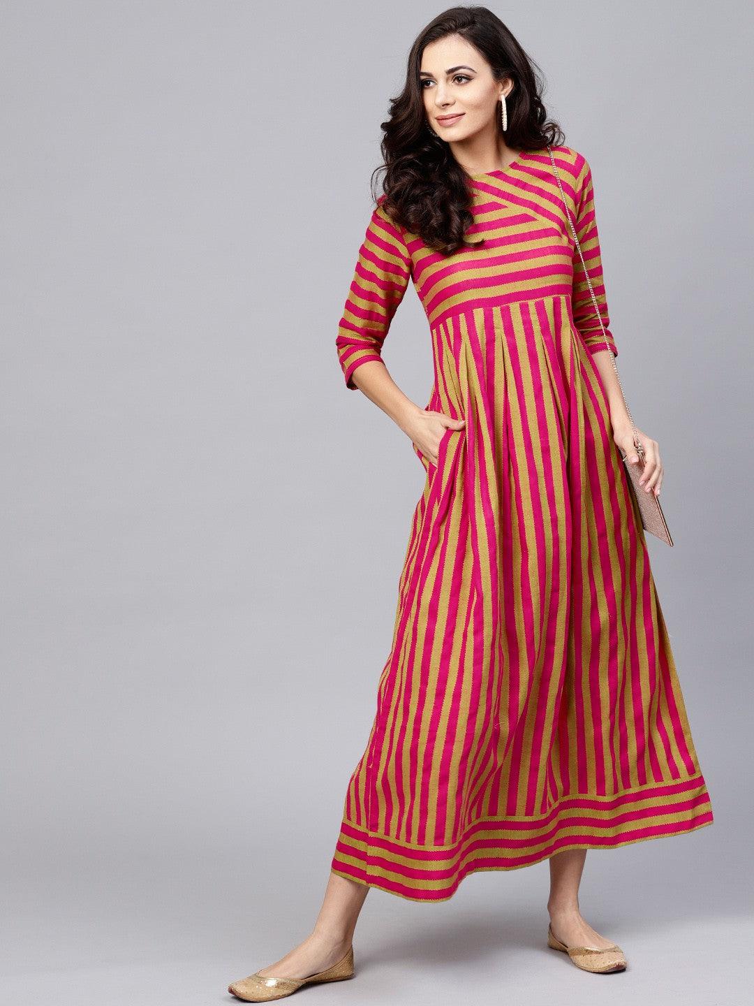 Magenta &amp; Gold Woven Design Box Pleated Maxi (Fully Stitched) - Znxclothing