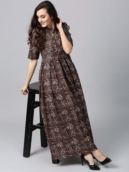 Brown Printed Box Pleated Maxi Dress - Znxclothing