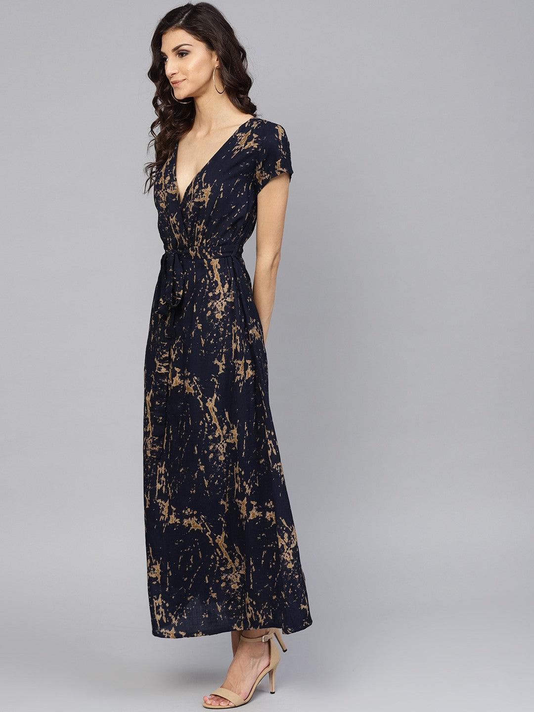 Navy Blue Discharge Printed Flared Maxi (Fully Stitched) - Znxclothing