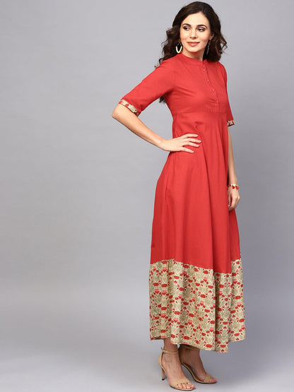 Red Solid Flared Maxi With Printed Hemline (Fully Stitched) - Znxclothing