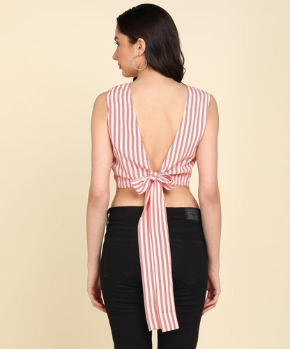 Cream &amp; Red Striped Styled Back Crop Top - Znxclothing