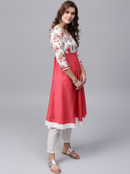 Peach &amp; Off-White Floral Printed Anarkali (Fully Stitched) - Znxclothing