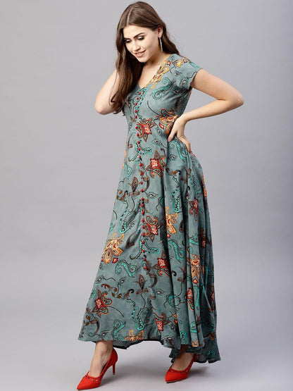 Grey Printed Flared Maxi (Fully Stitched ) - Znxclothing