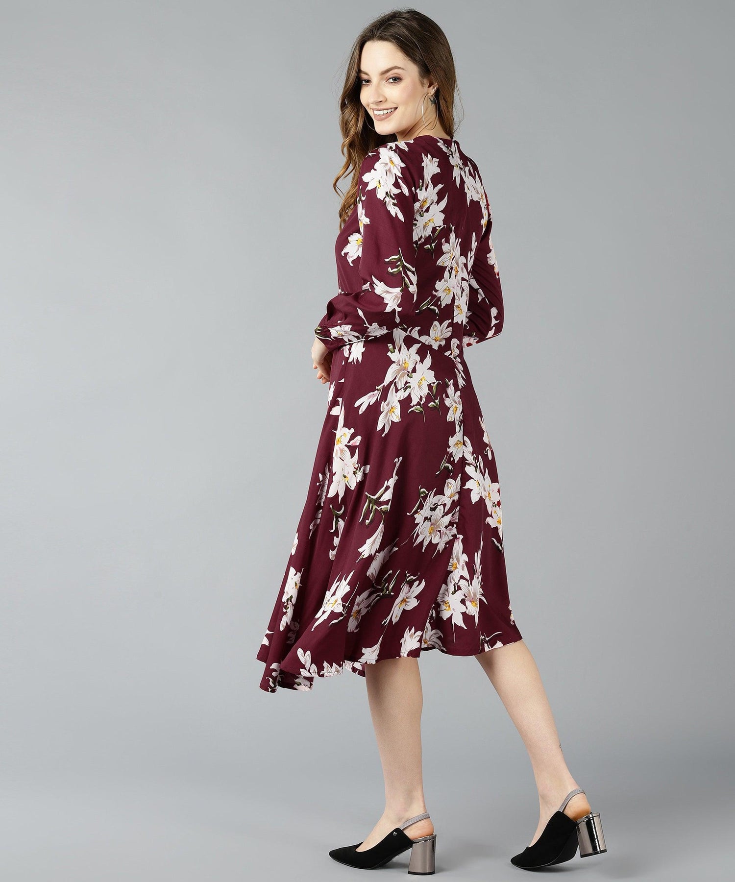 Znx Women Floral Printed Maroon Dress - Znxclothing