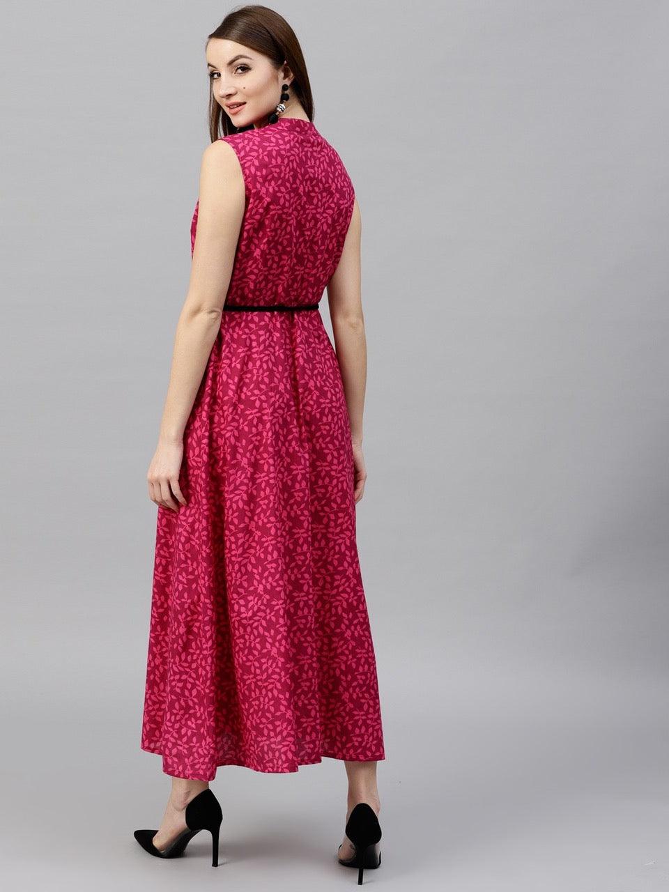Magenta Printed Button Down Maxi Dress With Belt Details (Fully Stitched) - Znxclothing