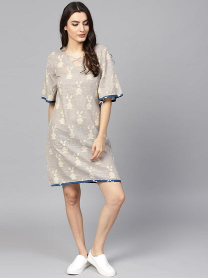 Beige Dabu Printed A-Line Dress (Fully Stitched) - Znxclothing
