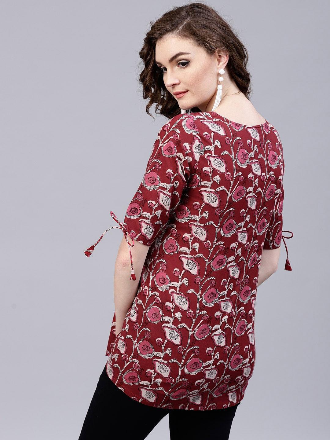 Maroon Floral Printed Pleated Tunic - Znxclothing