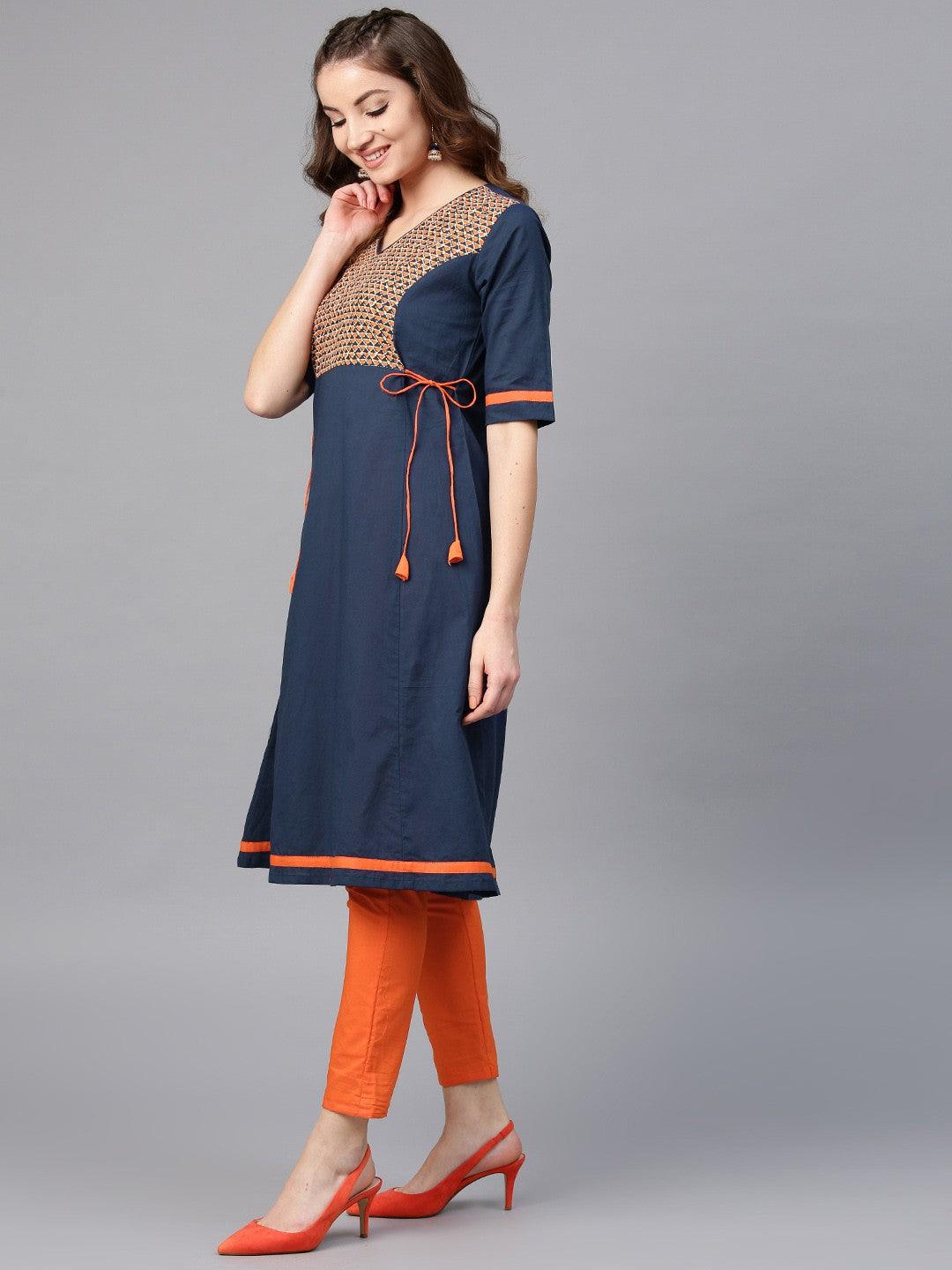 Blue Solid A-Line Kurta With Printed Yoke (Fully Stitched) - Znxclothing