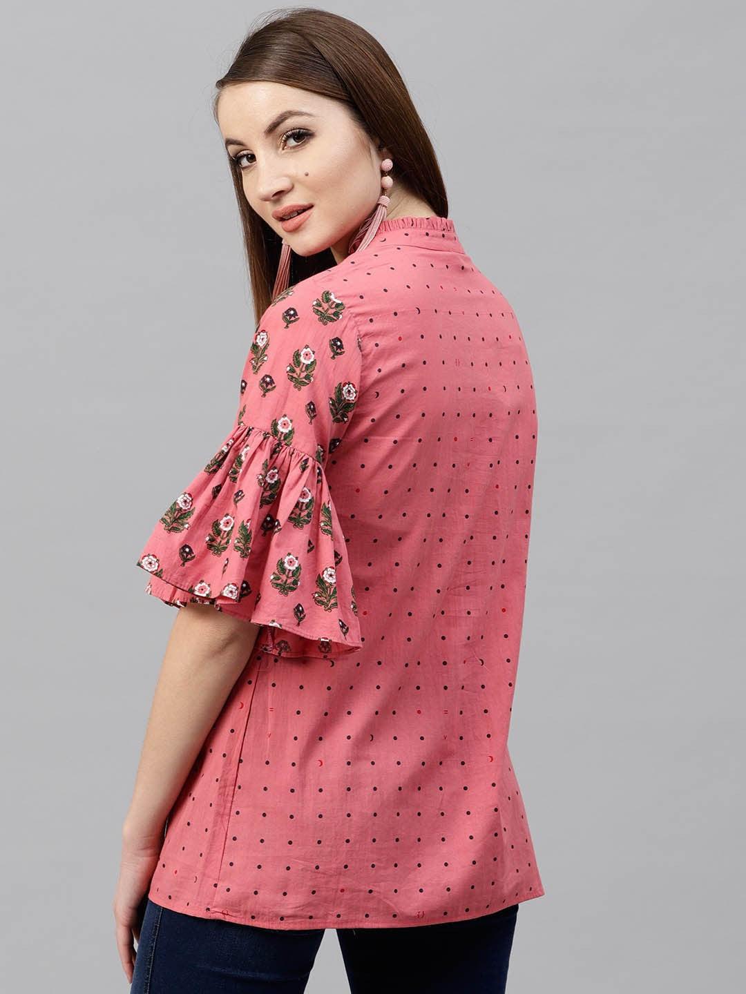 Pink Floral Printed Tunic With Ruffle Sleeve - Znxclothing