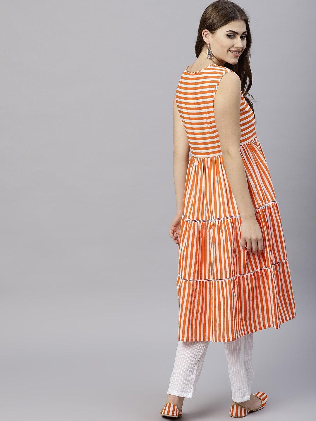 Orange Striped Printed Sleeveless Tiered Anarkali (Fully Stitched) - Znxclothing