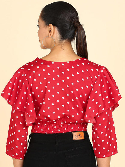 Polka Dots Printed Red Blouson Crop Top - Znxclothing