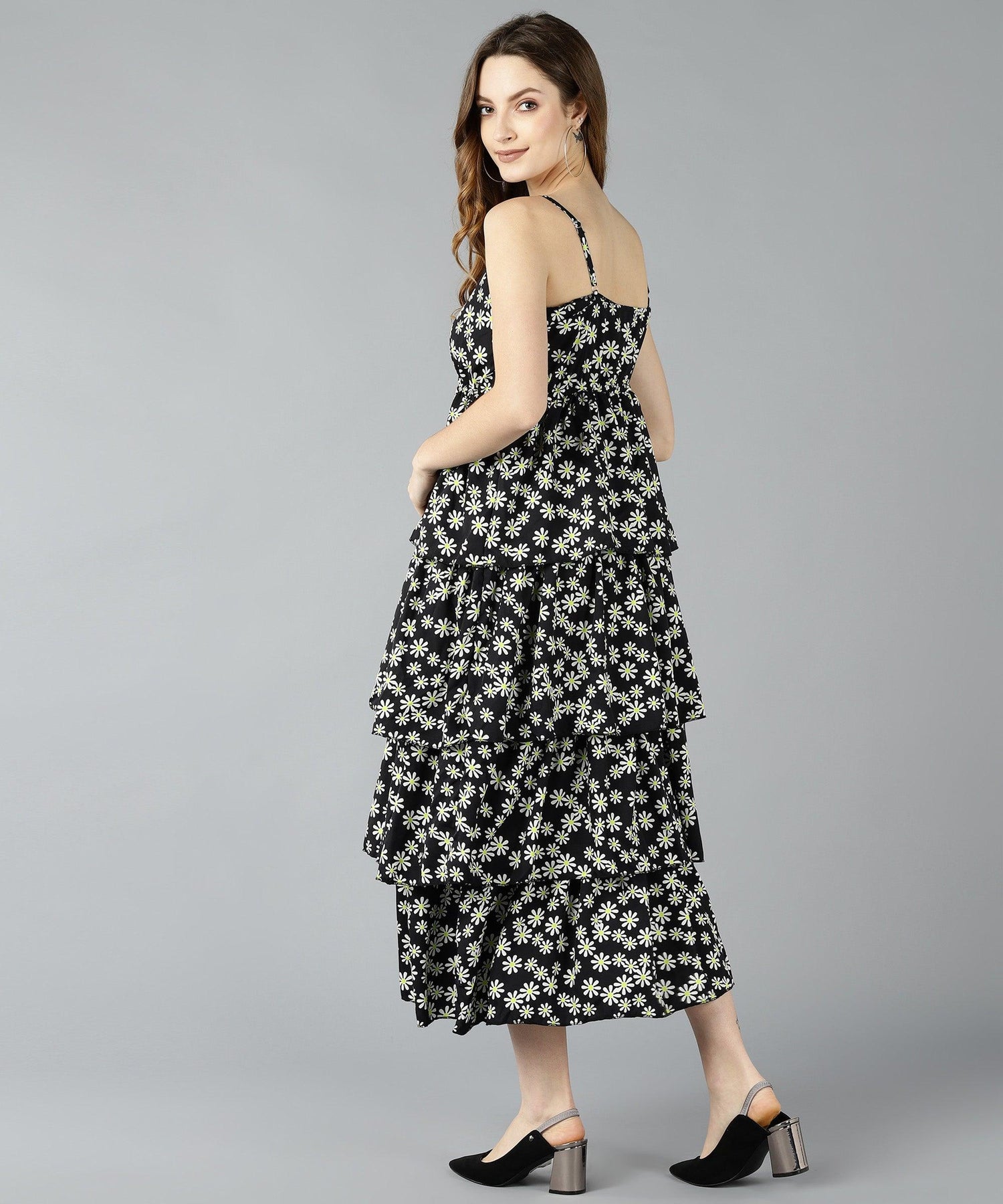 Znx Women White Floral Printed Black Tiered Dress - Znxclothing