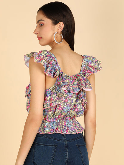 Muticolor Printed Frilled Sleeveless Top