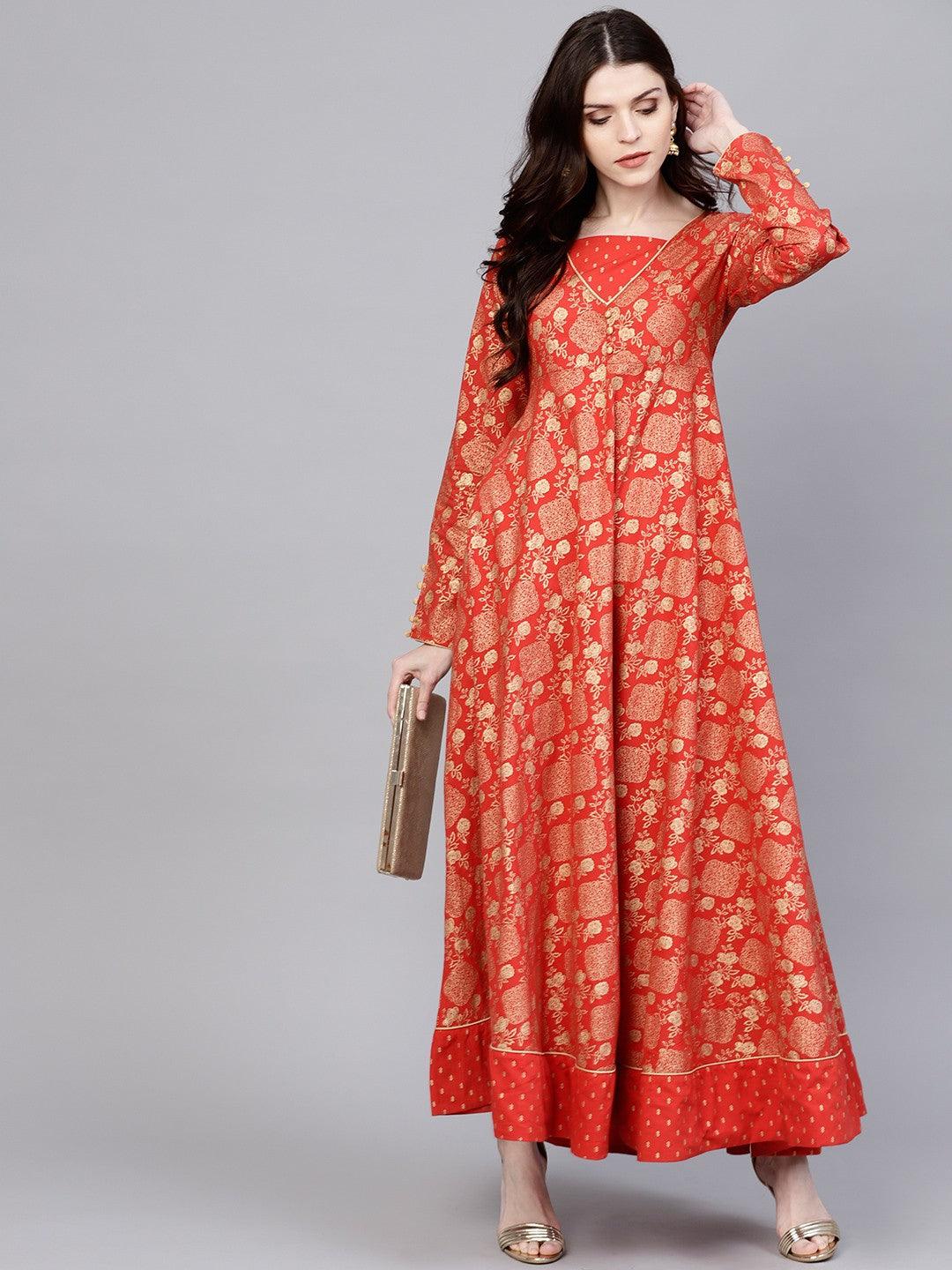 Rust Gold Printed Flared Maxi (Fully Stitched) - Znxclothing
