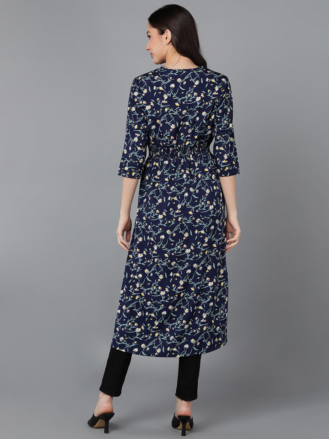Floral Printed Blue Straight Kurti - Znxclothing