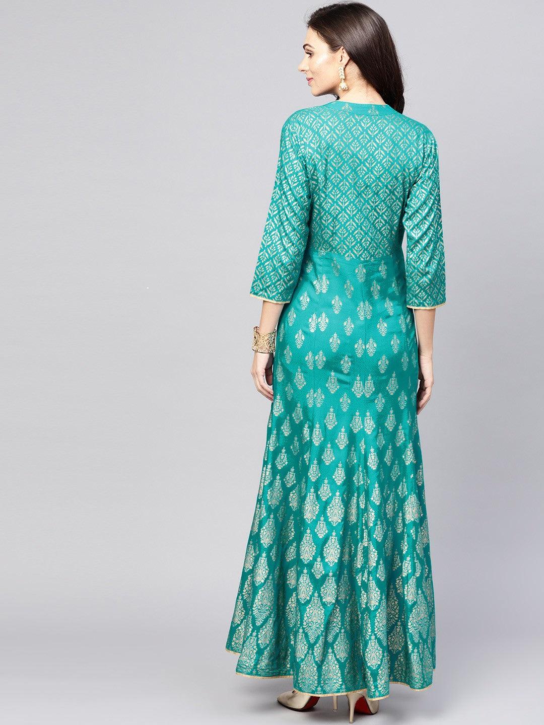 Blue Gold Printed Long Maxi (Fully Stitched) - Znxclothing