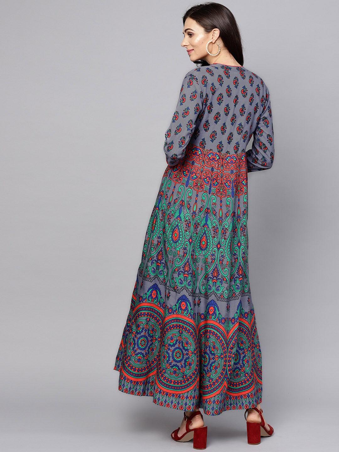 Blue &amp; Green Printed Flared Maxi (Fully Stitched) - Znxclothing
