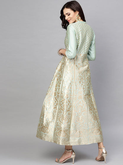 Blue Pastal Gold Brocade Design Maxi (Fully Stitched) - Znxclothing